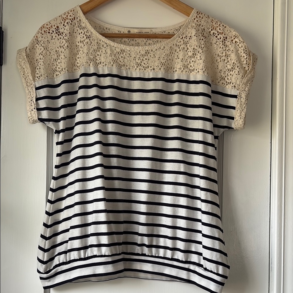 Majestic Legon (Japanese Brand) Navy and Cream Striped Lace Blouse